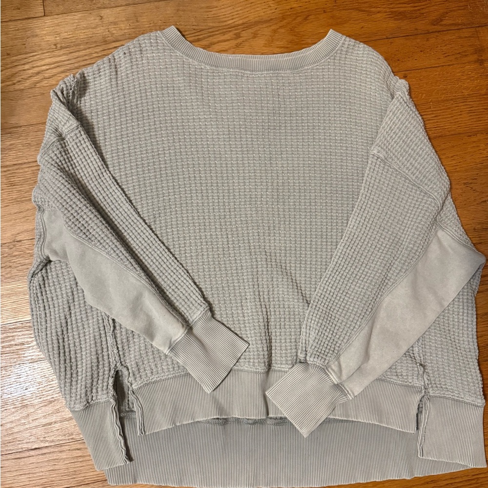 American Eagle Waffle-Knit Drop Shoulder Pullover - Light Sage
